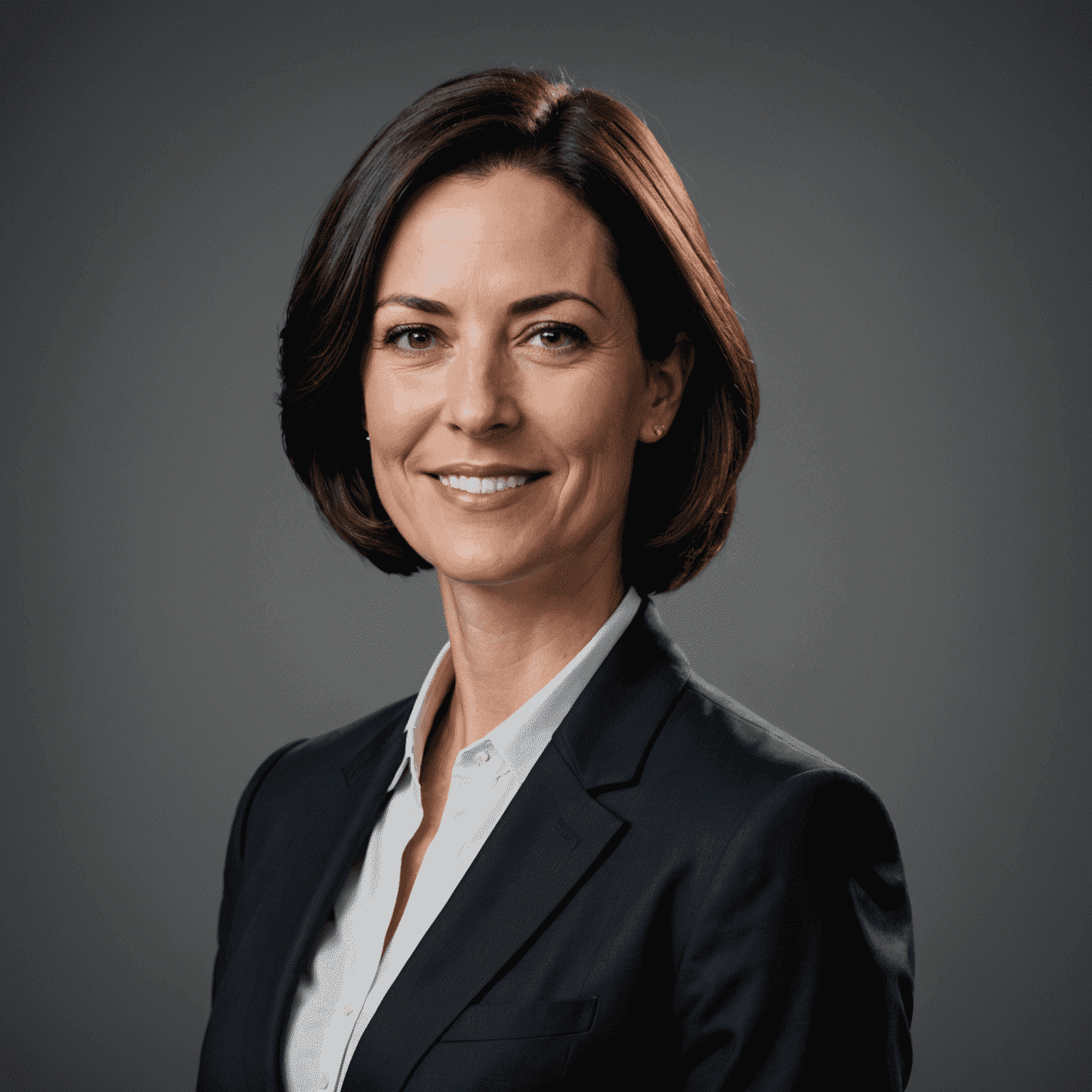 Portrait of Sarah Johnson, CEO of Etisal, a woman in her 40s with short dark hair and a confident smile, wearing a professional dark suit