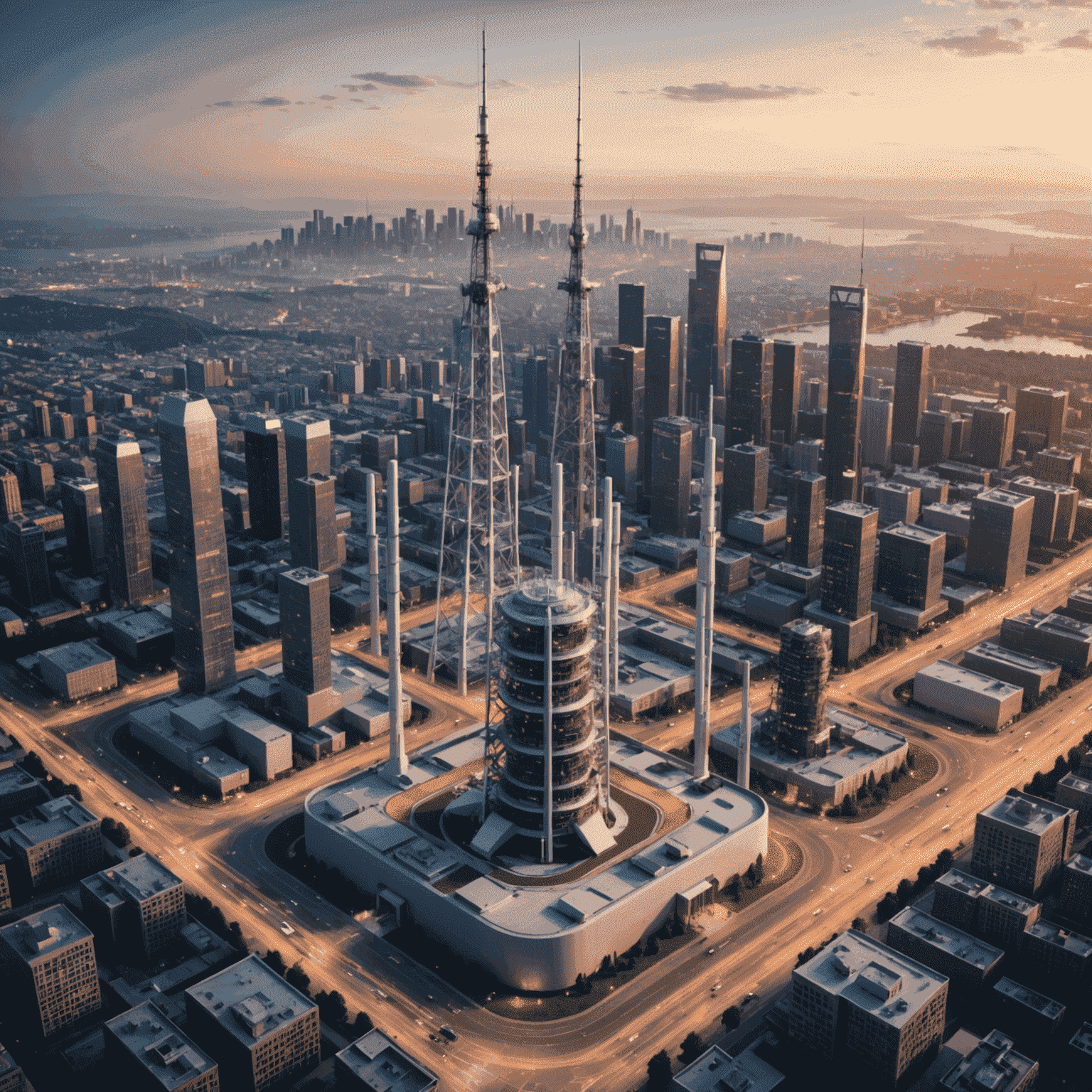 5G network infrastructure with antennas and towers, showcasing advanced wireless technology