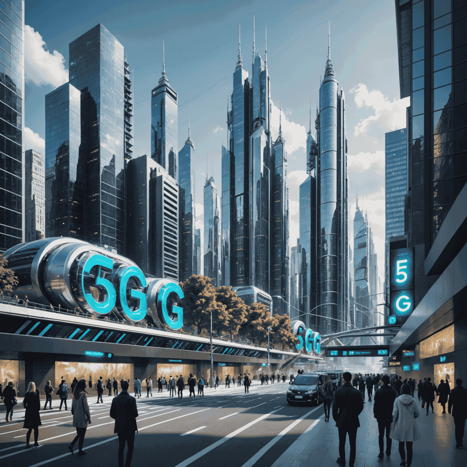 A futuristic cityscape with 5G towers and people using advanced mobile devices, showcasing the connectivity and speed of 5G technology