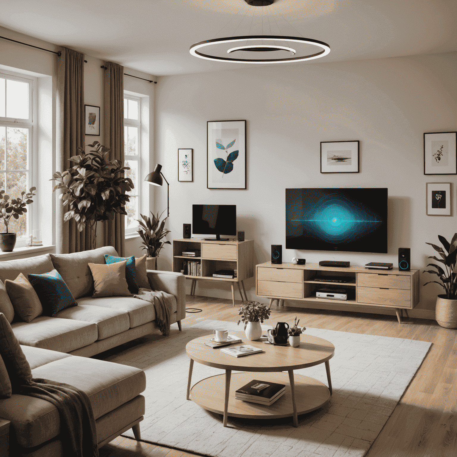 A modern living room with a router prominently displayed, surrounded by various connected devices such as smartphones, laptops, and smart home gadgets
