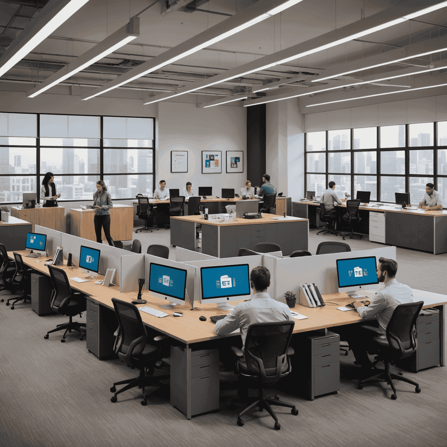 A professional office environment with multiple employees using various devices connected to Etisal's network, showcasing seamless connectivity