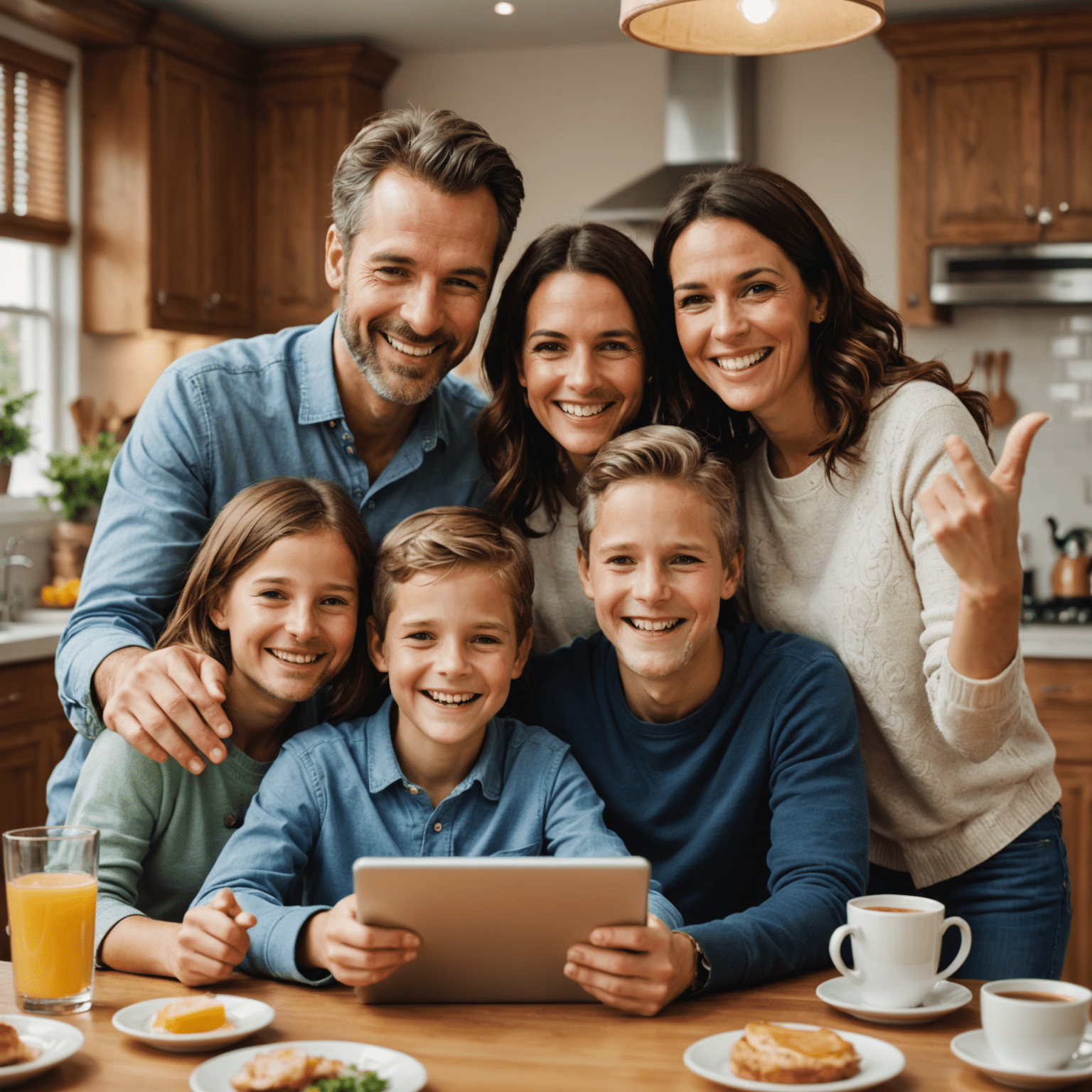 The Smith family video calling their relatives overseas using Etisal's services. The image shows a happy family gathered around a tablet, smiling and waving at the screen.