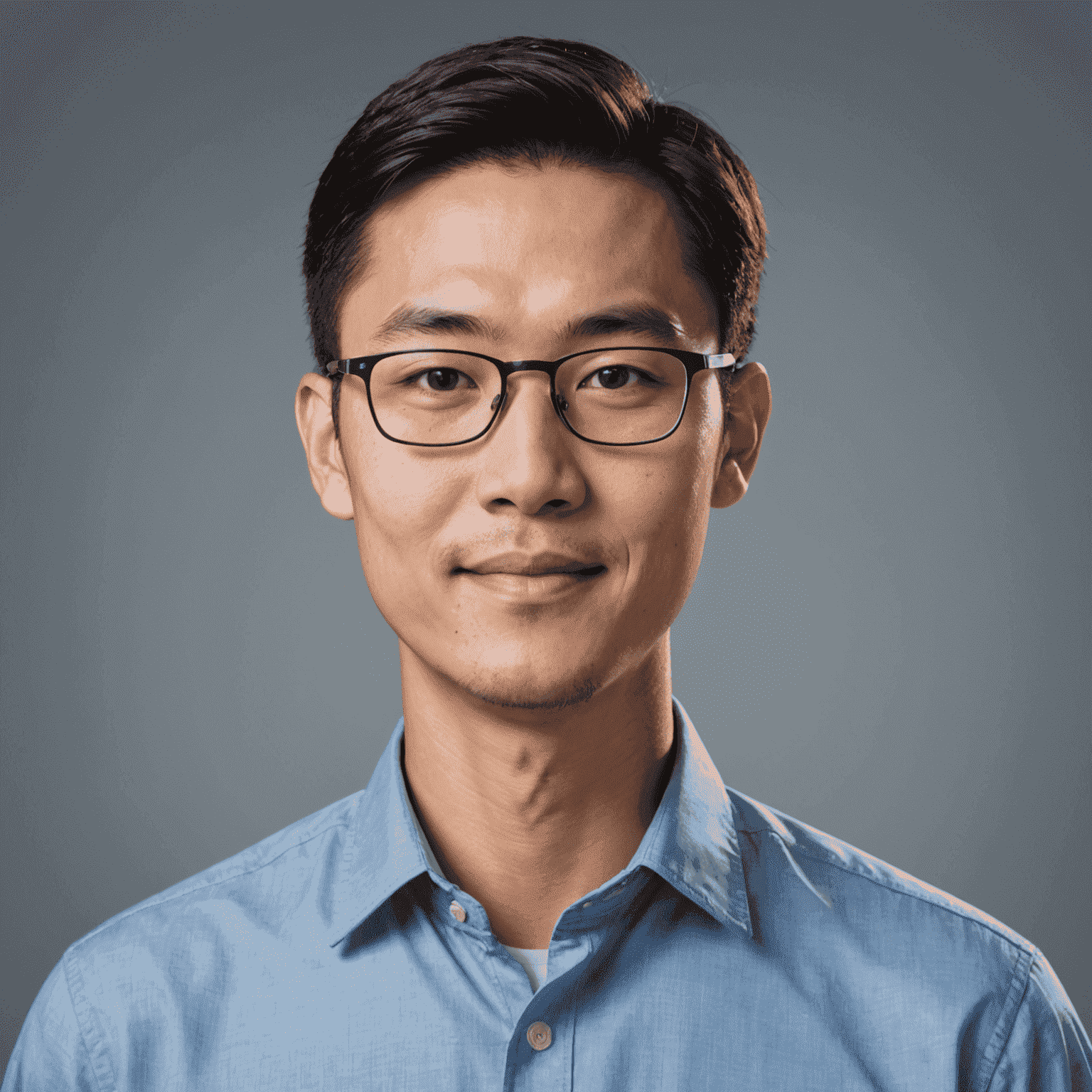 Portrait of Michael Chen, CTO of Etisal, an Asian man in his 30s with glasses and a friendly expression, wearing a blue button-up shirt