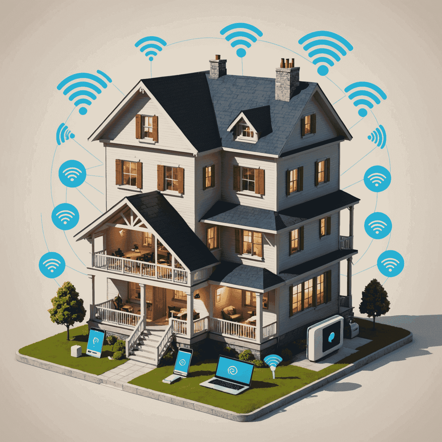 An illustration of a house with visible Wi-Fi signals, showing various devices connected and optimized for best performance, representing Etisal's home internet solutions