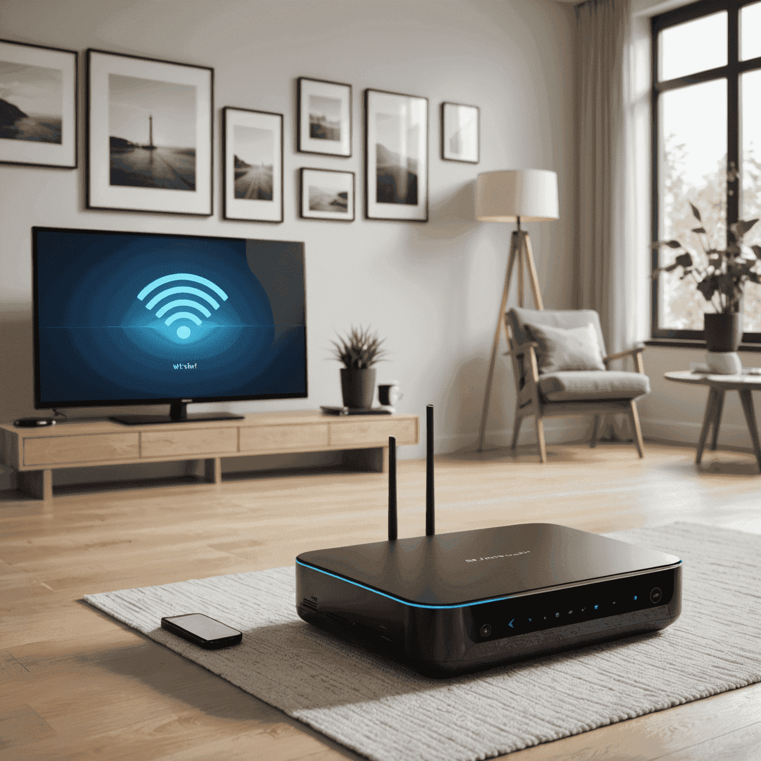 Home interior with Wi-Fi router and connected devices, illustrating optimal home network setup