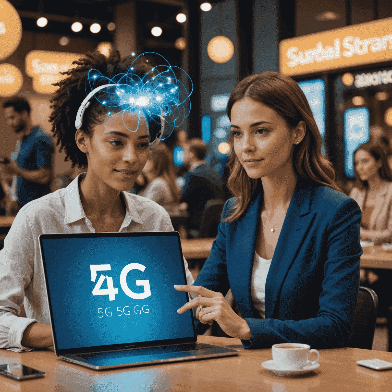 A split-screen comparison showing the difference between 4G and 5G speeds, with a person streaming high-quality video and using multiple connected devices seamlessly on the 5G side