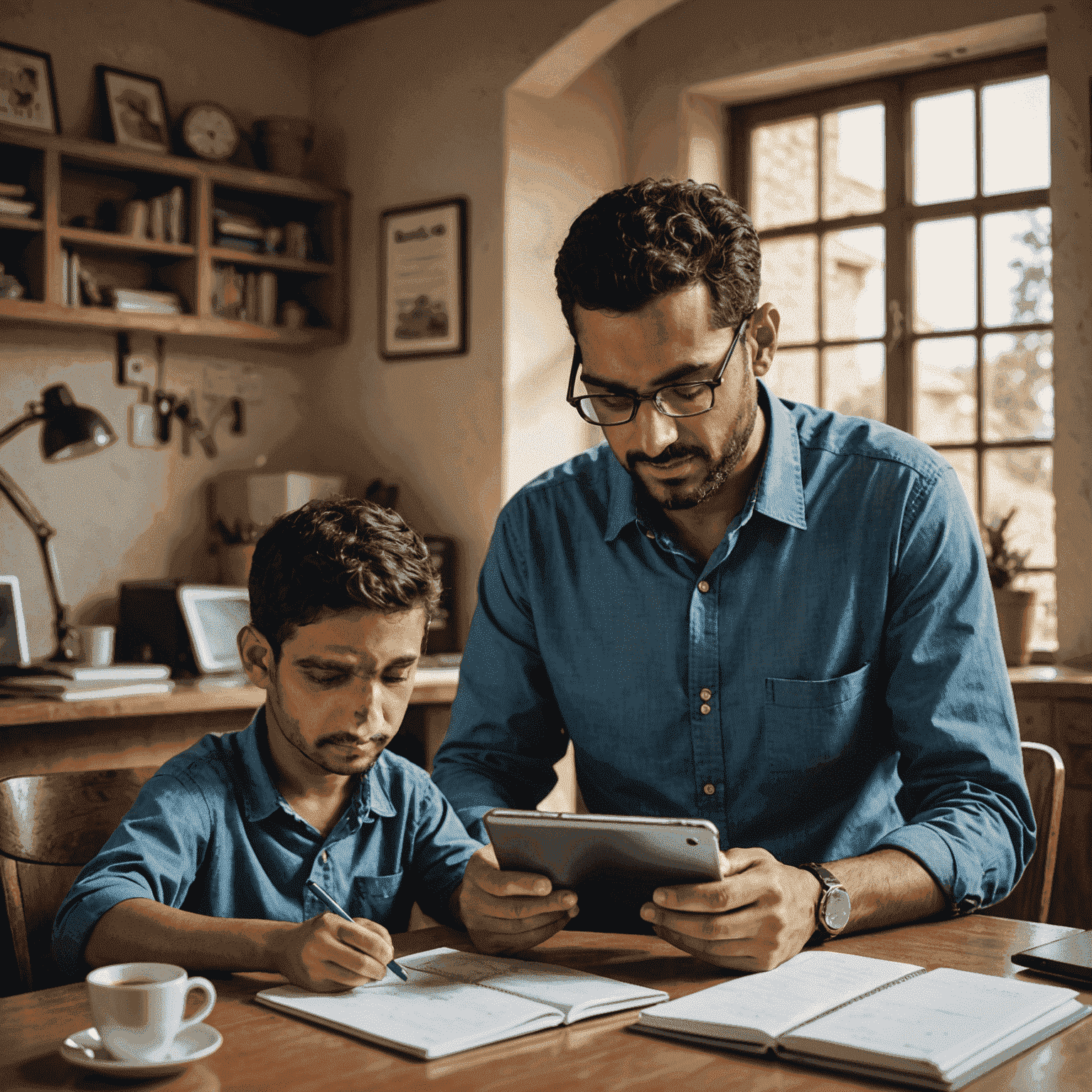 Mr. Ahmed using his smartphone to manage his business while his children do homework using a tablet, all connected through Etisal's internet service.