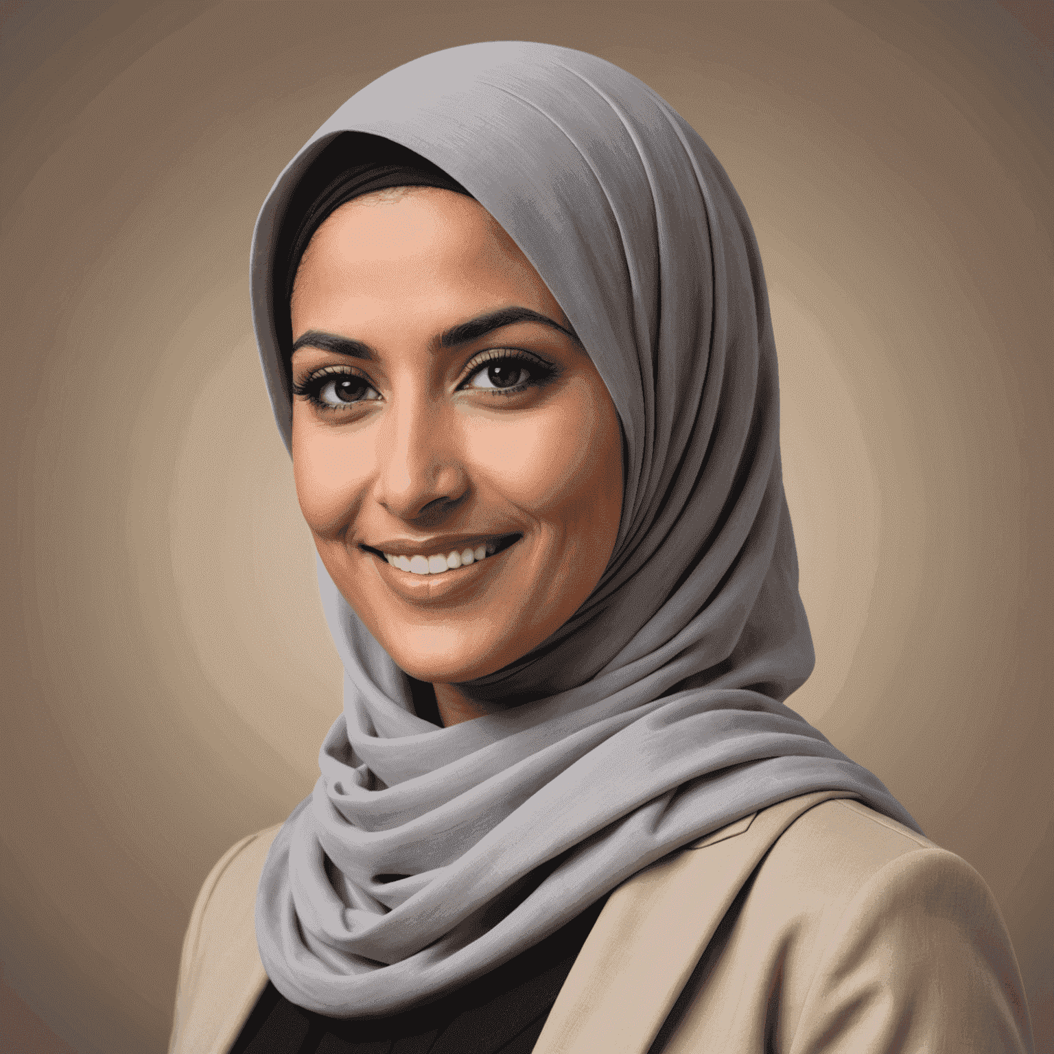 Portrait of Aisha Al-Mansouri, Head of Customer Relations at Etisal, a woman in her 30s wearing a hijab and a warm smile, in a professional attire