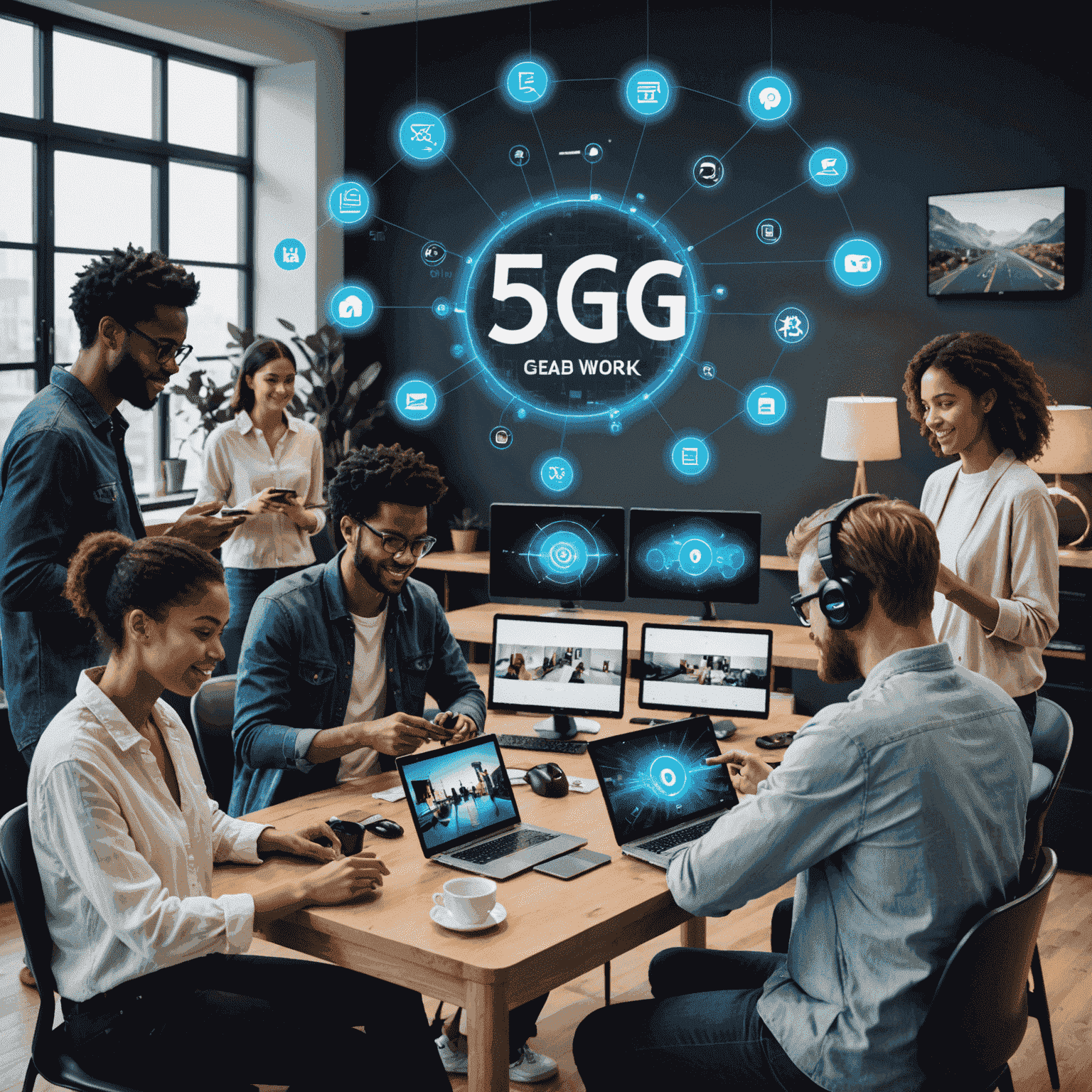 A montage of people using 5G-enabled devices for various activities like remote work, gaming, and smart home control, highlighting the versatility of 5G technology