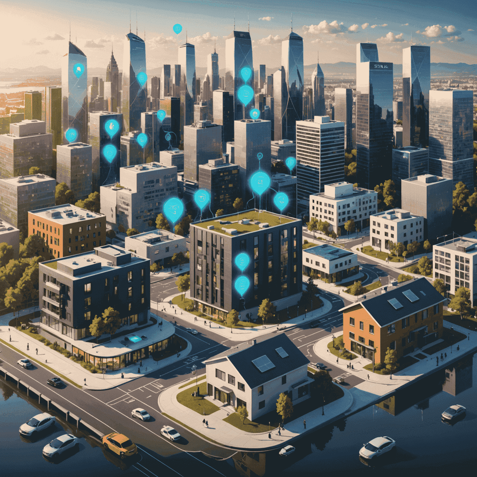 Illustration of a smart city and connected home devices representing Etisal's IoT ecosystem