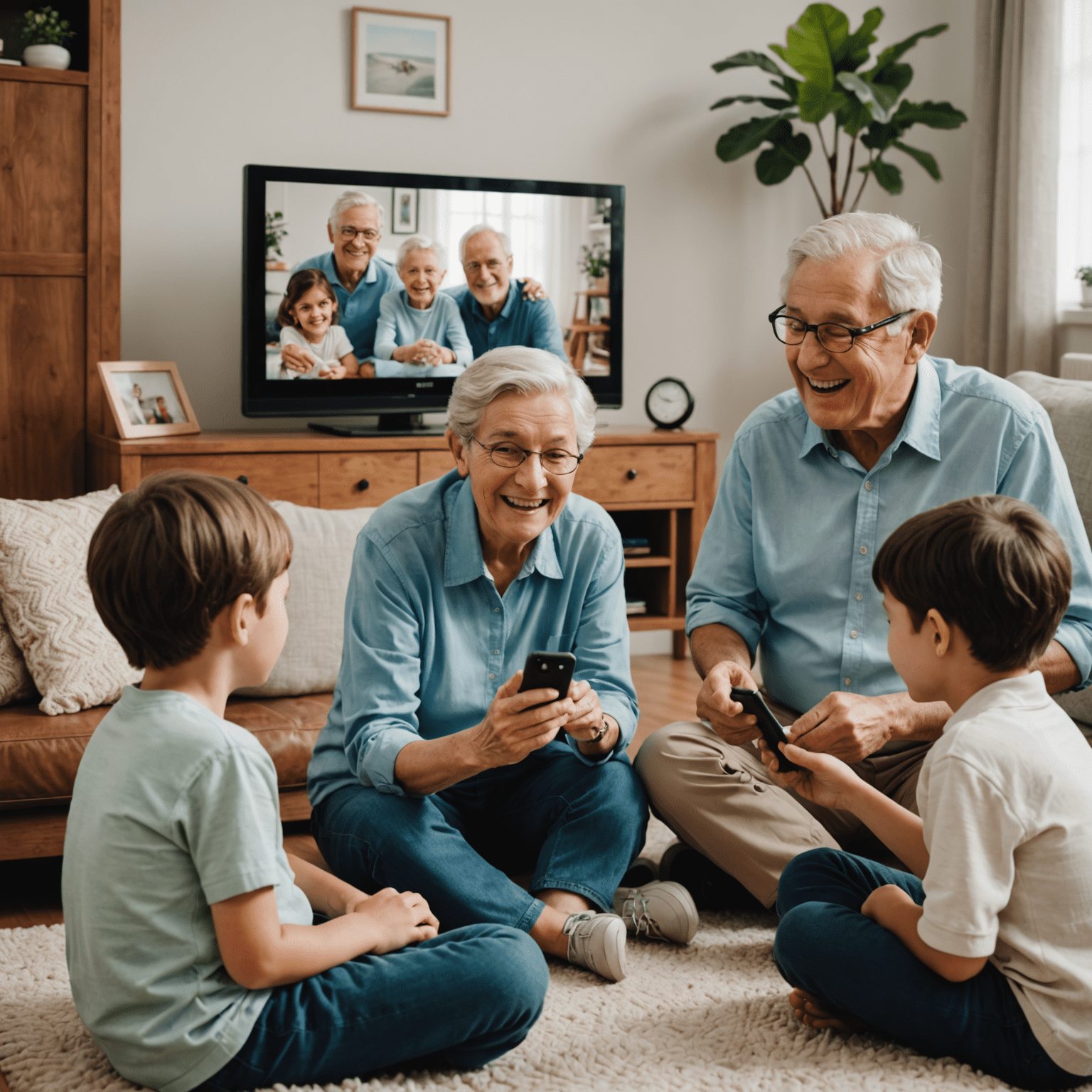 Grandparents Li video calling with their grandchildren using a large-screen TV connected to Etisal's internet service. The grandparents look delighted as they interact with the children.
