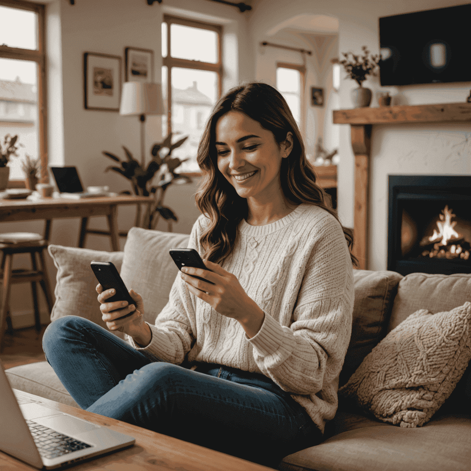 Maria Garcia using her smartphone to video call her partner who is working abroad. She is sitting in a cozy living room, smiling at her phone.