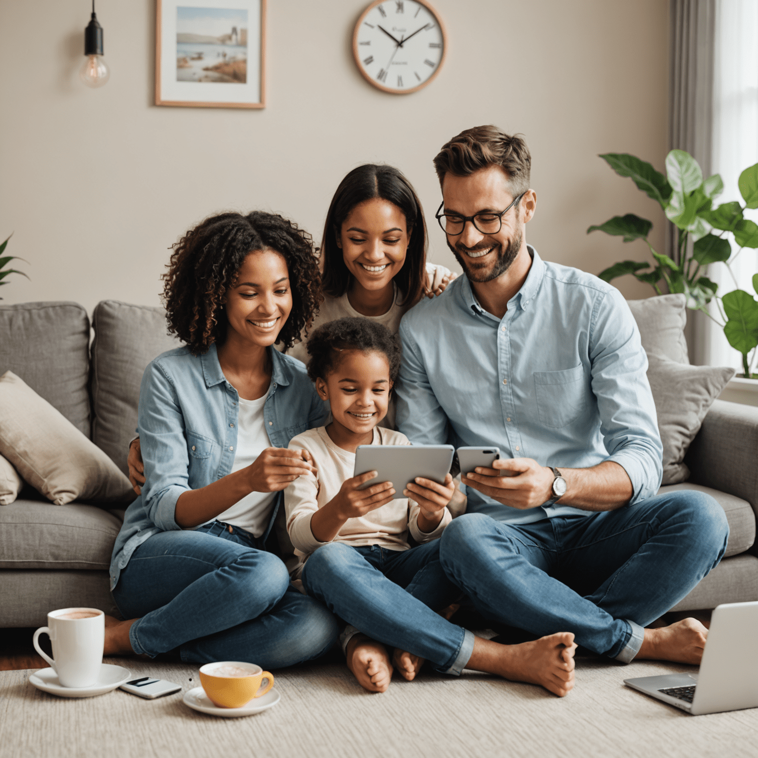 Happy family using various Etisal services to stay connected, featuring smartphones, tablets, and laptops