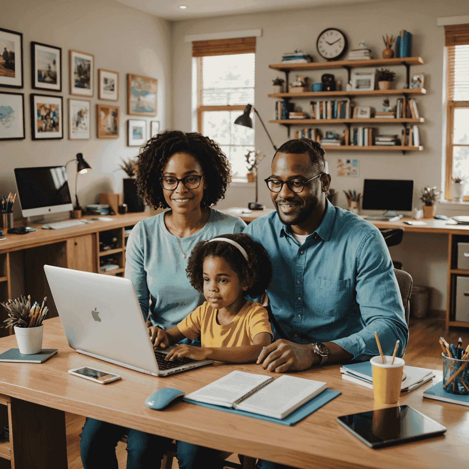 The Johnson family in their home office setup, with parents working on laptops and children attending online classes on tablets, all powered by Etisal's internet service.